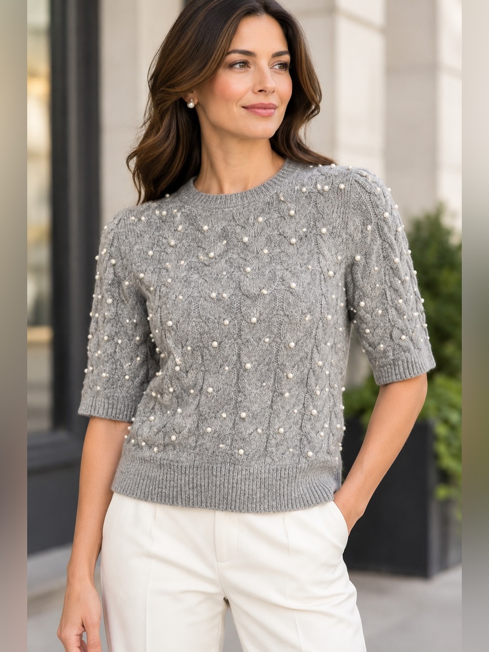 Zara Grey Pearl-Embellished Cable-Knit Crew Sweater